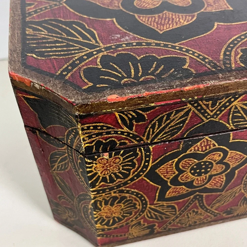 Vintage Hand Painted Wooden Octagonal Jewelry Box Red Black Gold Floral Folk Art